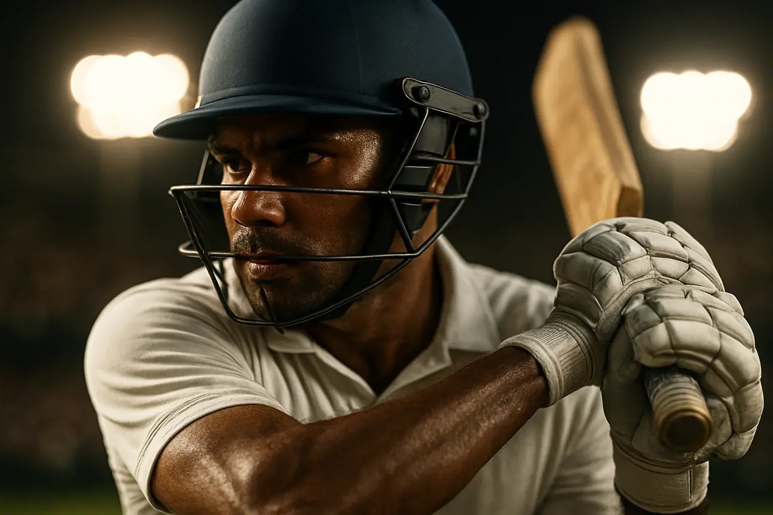 Bangladeshi male cricket batsman mid-swing under dramatic stadium floodlights