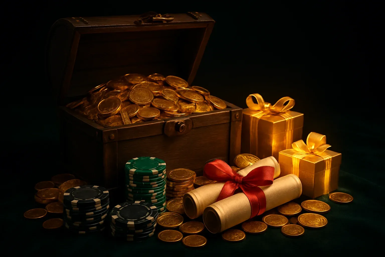 Overflowing treasure chest with gold coins, casino chips, vouchers, and gift boxes