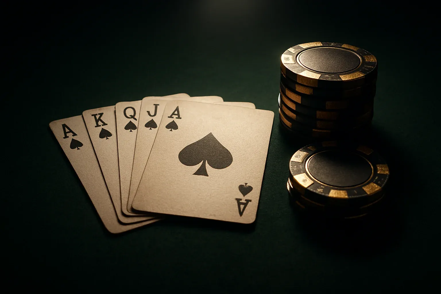 Fanned premium playing cards and stacked chips on velvet table