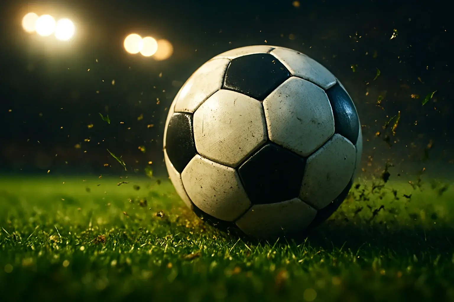 Classic black-and-white soccer ball on green stadium turf under floodlights