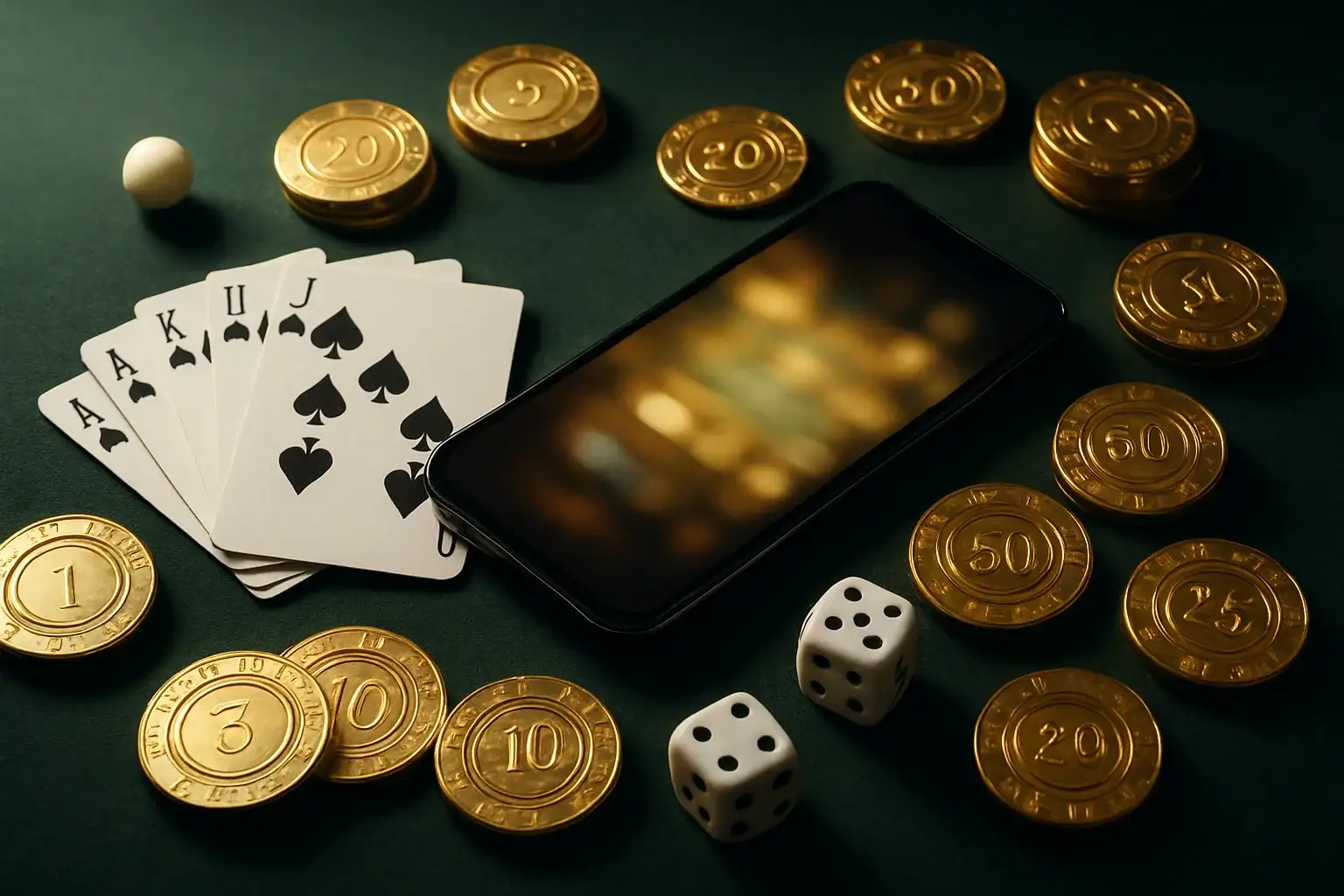 Top-down casino table with golden chips, cards, dice, roulette ball, smartphone