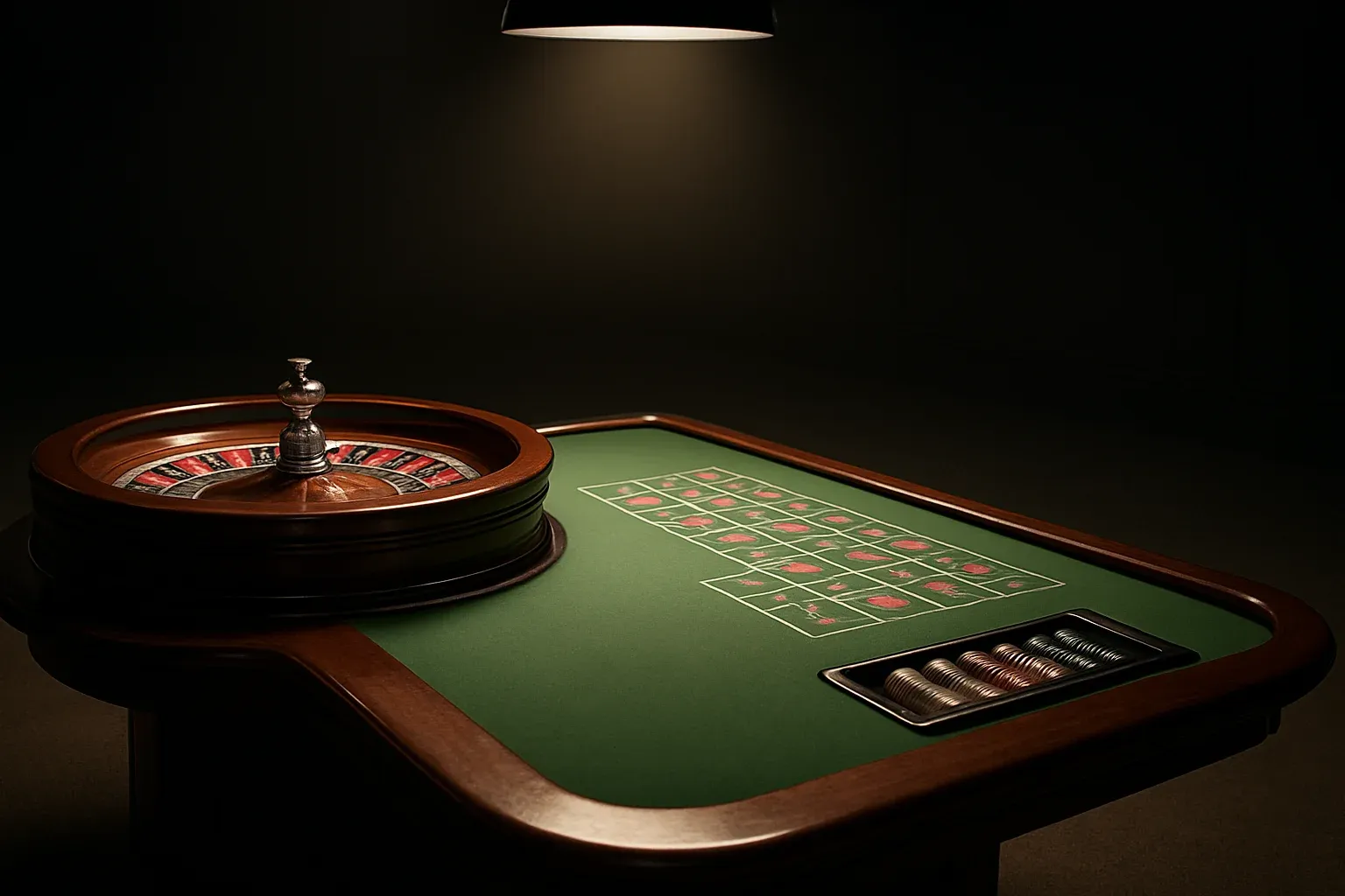 Hyperrealistic live casino studio with empty roulette table and dramatic lighting