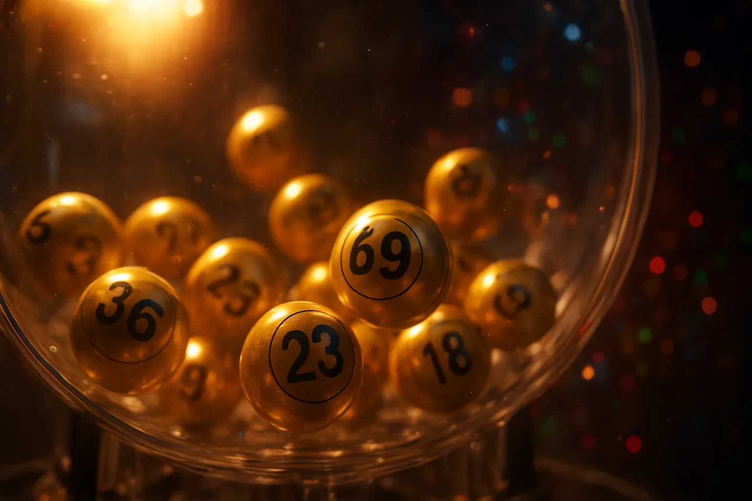 Glowing golden lottery balls tumbling inside a transparent draw machine