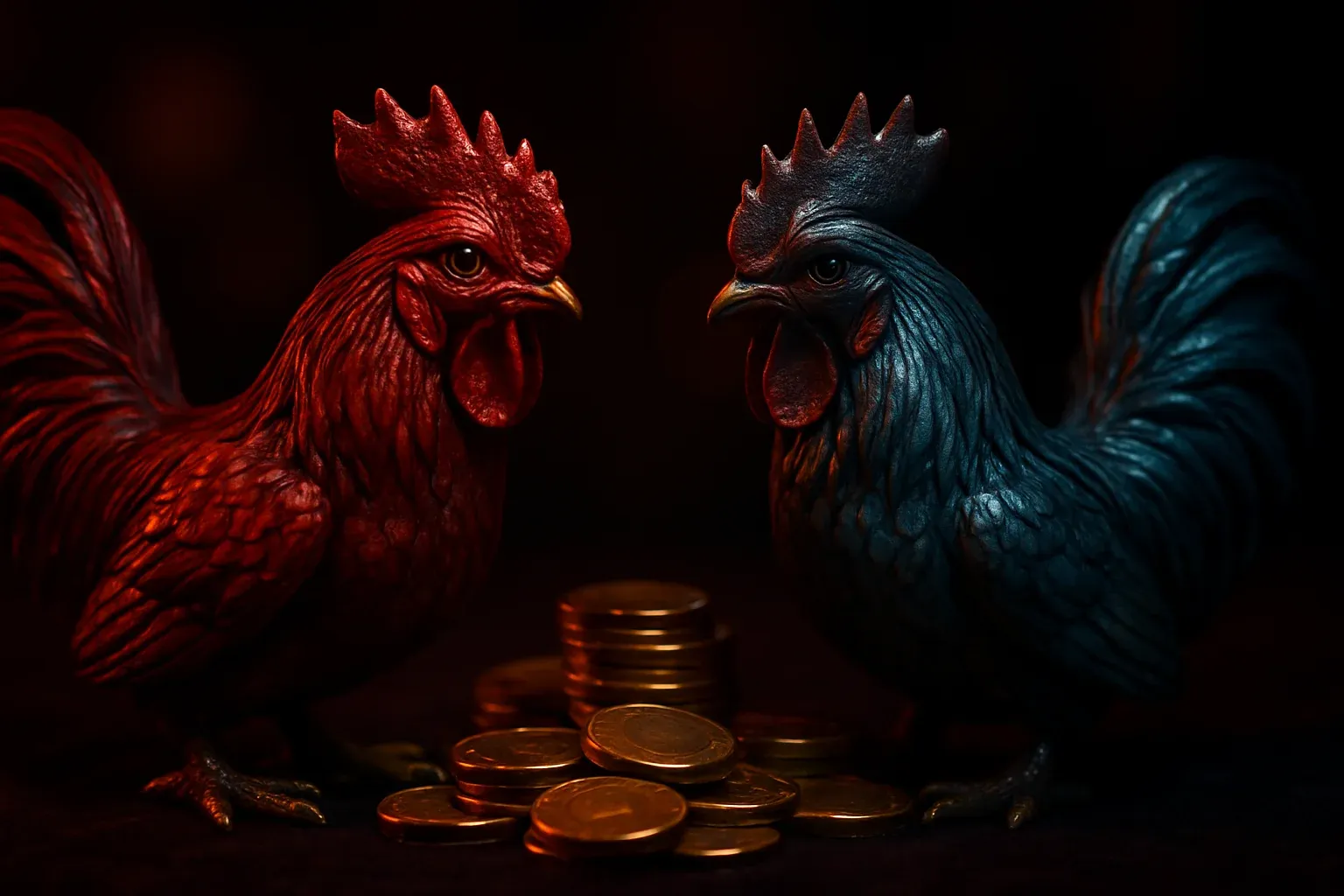 Decorative fighting-rooster figurines with casino chips on dark velvet surface