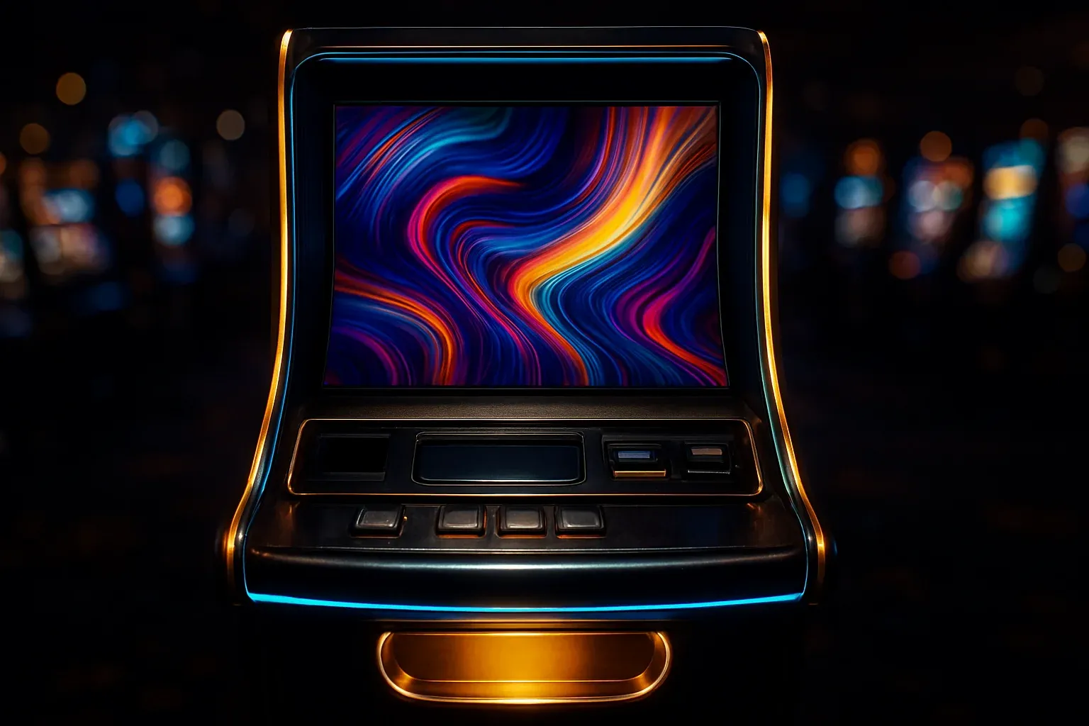 Hyperrealistic premium slot machine glowing in dark luxury casino floor